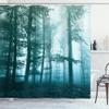 Ambesonne Forest Shower Curtain, Autumn Season Mystic Foggy Fall Nature and Enchanted Woods Wild Trees Print, Cloth Fabric Bathroom Decor Set with Hooks, 69" W x 84" L, Pale Turquoise view 1