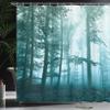 Ambesonne Forest Shower Curtain, Autumn Season Mystic Foggy Fall Nature and Enchanted Woods Wild Trees Print, Cloth Fabric Bathroom Decor Set with Hooks, 69" W x 84" L, Pale Turquoise view 3
