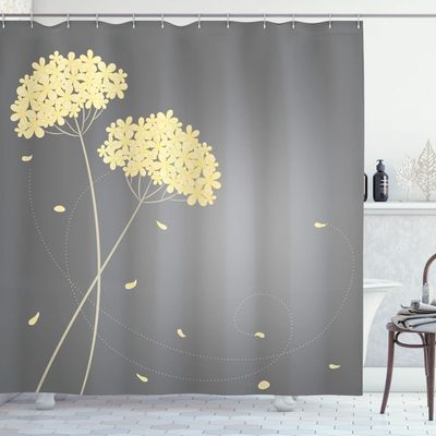 Ambesonne Allium Flower Shower Curtain, Floral Design with Swirl Lines Falling Leaves Autumn Inspired, Cloth Fabric Bathroom Decor Set with Hooks, 69" W x 84" L, Pastel Yellow
