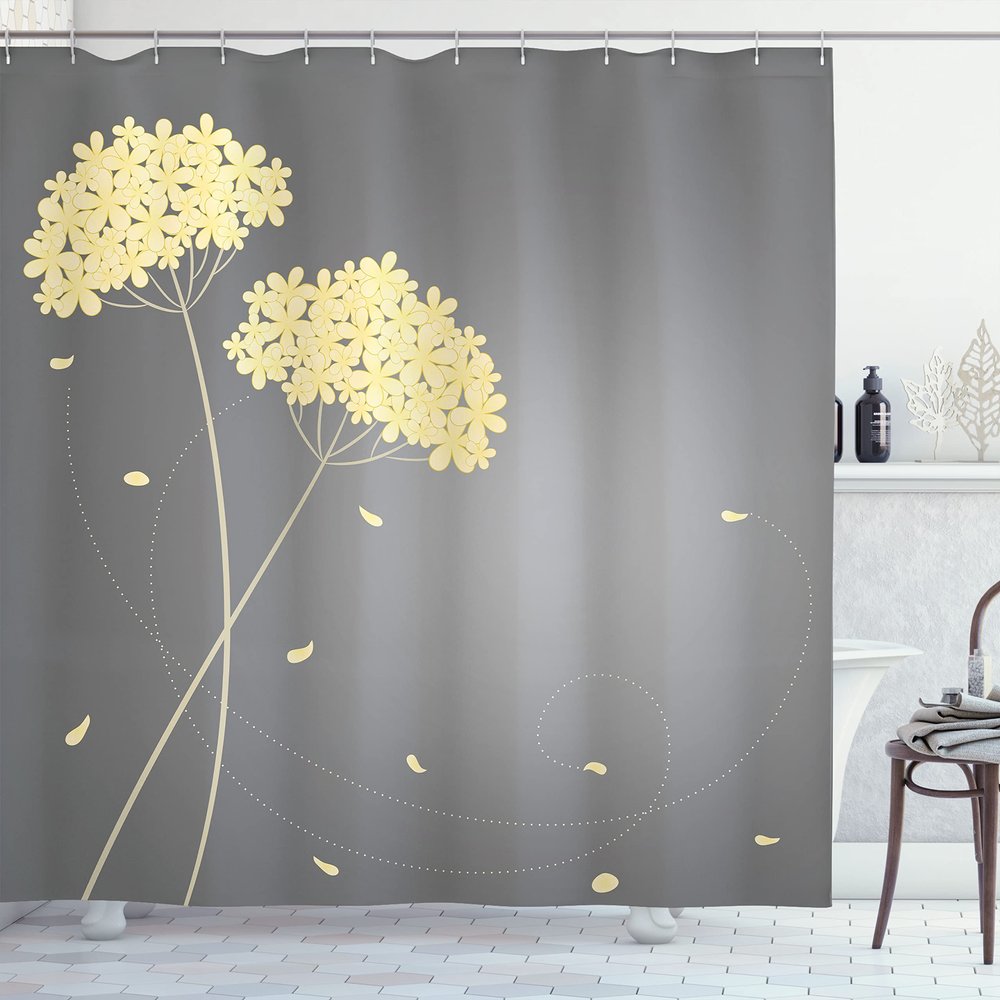 Ambesonne Allium Flower Shower Curtain, Floral Design with Swirl Lines Falling Leaves Autumn Inspired, Cloth Fabric Bathroom Decor Set with Hooks, 69" W x 84" L, Pastel Yellow