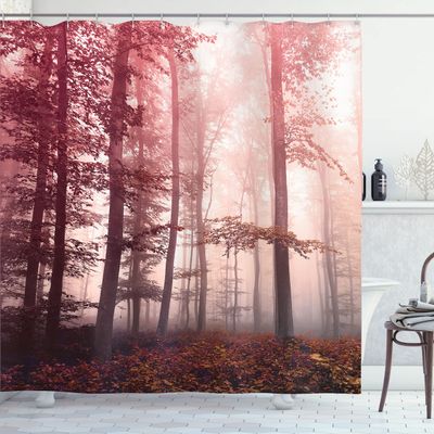 Ambesonne Forest Shower Curtain, Autumn Season Mystic Foggy Fall Nature and Enchanted Woods Wild Trees Print, Cloth Fabric Bathroom Decor Set with Hooks, 69" W x 84" L, Pale Ruby