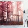 Ambesonne Forest Shower Curtain, Autumn Season Mystic Foggy Fall Nature and Enchanted Woods Wild Trees Print, Cloth Fabric Bathroom Decor Set with Hooks, 69" W x 84" L, Pale Ruby view 1