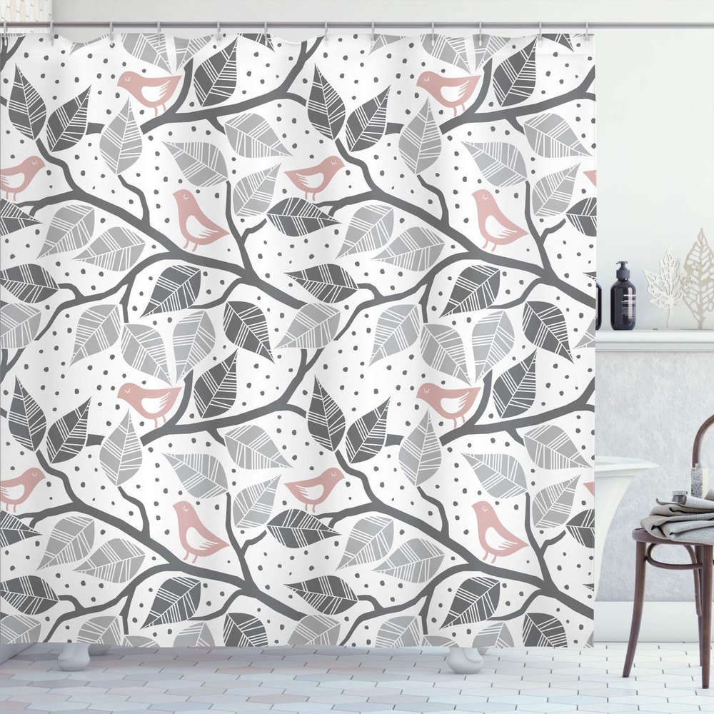 Ambesonne Branches Shower Curtain, Birds on The Branch Pastel Leaves Dotted Background Nature Art Print, Cloth Fabric Bathroom Decor Set with Hooks, 69" W x 84" L, Dimgray White