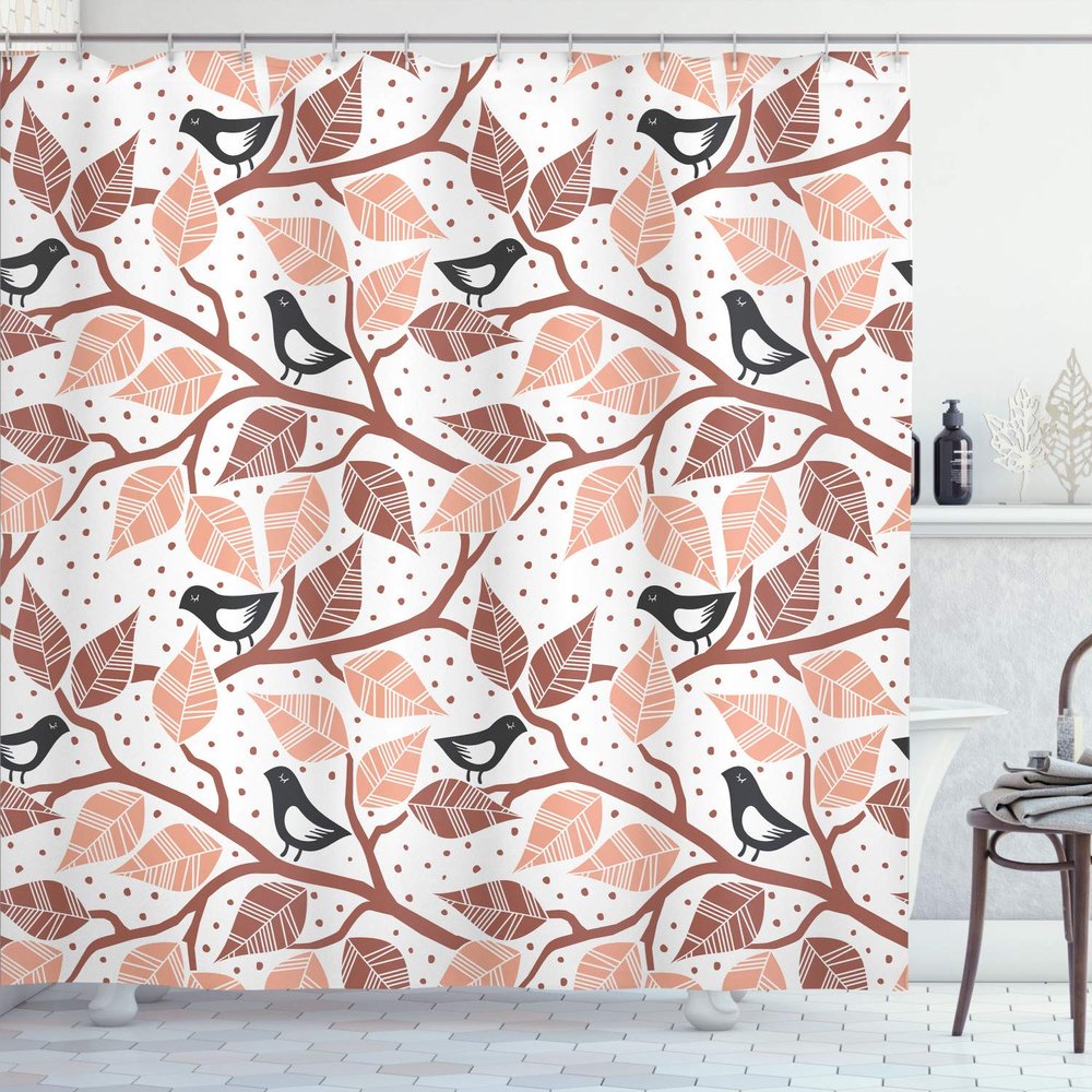 Ambesonne Branches Shower Curtain, Birds on The Branch Pastel Leaves Dotted Background Nature Art Print, Cloth Fabric Bathroom Decor Set with Hooks, 69" W x 84" L, Pale Redwood