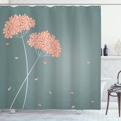 Ambesonne Allium Flower Shower Curtain, Floral Design with Swirl Lines Falling Leaves Autumn Inspired, Cloth Fabric Bathroom Decor Set with Hooks, 69" W x 84" L, Cadet Blue