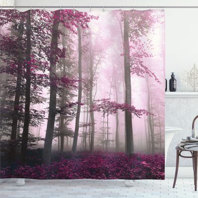 Ambesonne Forest Shower Curtain, Autumn Season Mystic Foggy Fall Nature and Enchanted Woods Wild Trees Print, Cloth Fabric Bathroom Decor Set with Hooks, 69" W x 84" L, Dark Magenta