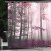 Ambesonne Forest Shower Curtain, Autumn Season Mystic Foggy Fall Nature and Enchanted Woods Wild Trees Print, Cloth Fabric Bathroom Decor Set with Hooks, 69" W x 70" L, Magenta White view 3
