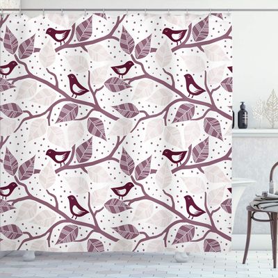 Ambesonne Branches Shower Curtain, Birds on The Branch Pastel Leaves Dotted Background Nature Art Print, Cloth Fabric Bathroom Decor Set with Hooks, 69" W x 84" L, Maroon White
