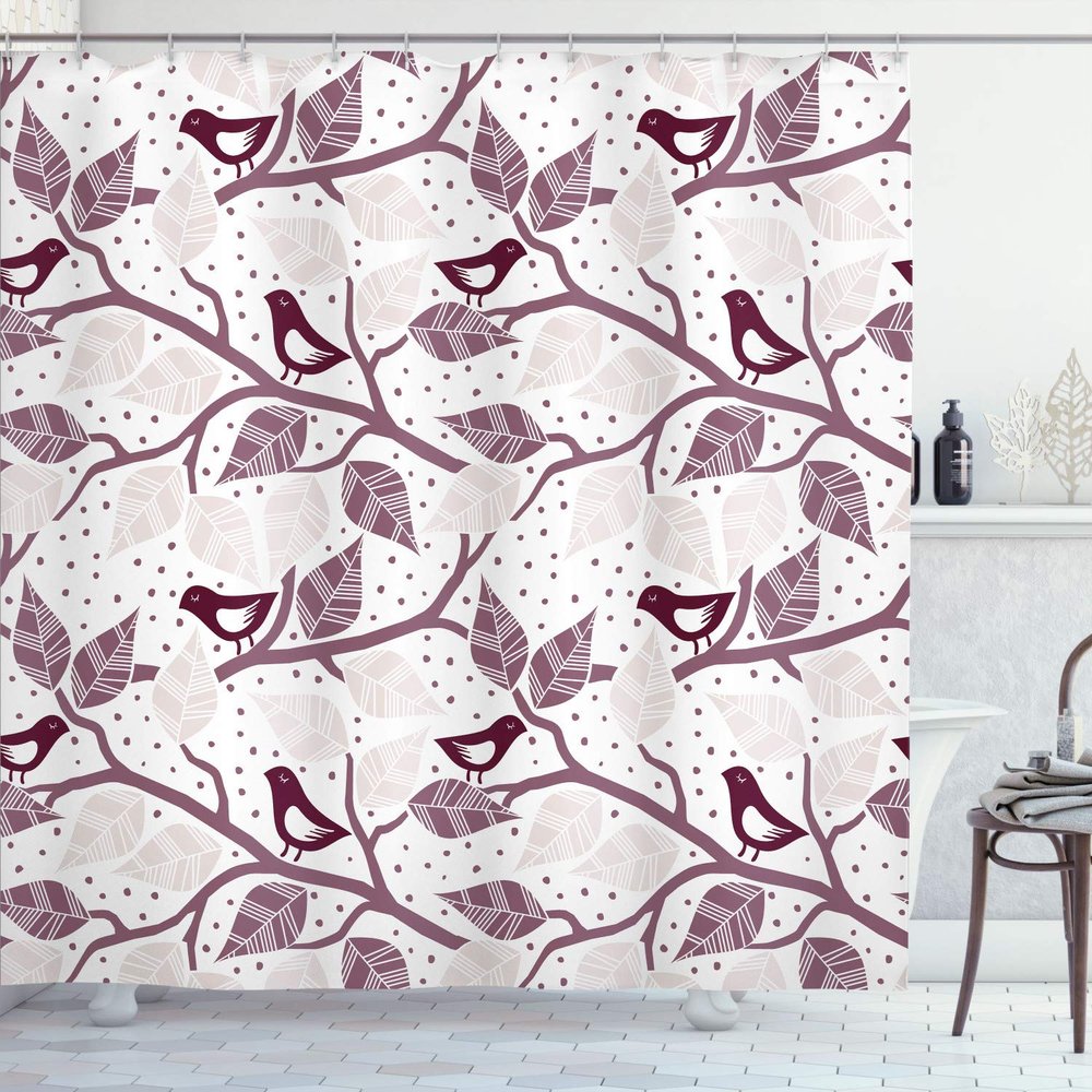 Ambesonne Branches Shower Curtain, Birds on The Branch Pastel Leaves Dotted Background Nature Art Print, Cloth Fabric Bathroom Decor Set with Hooks, 69" W x 84" L, Maroon White