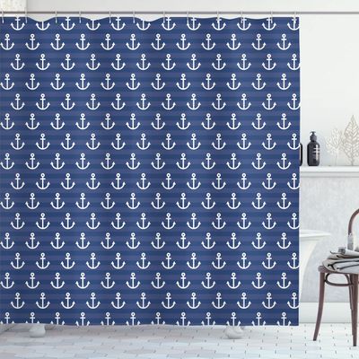 Ambesonne Nautical Shower Curtain, Anchor Pattern Marine Themed Symmetric Adventure Cottage Ship Boat Motif, Cloth Fabric Bathroom Decor Set with Hooks, 69" W x 75" L, Night Blue
