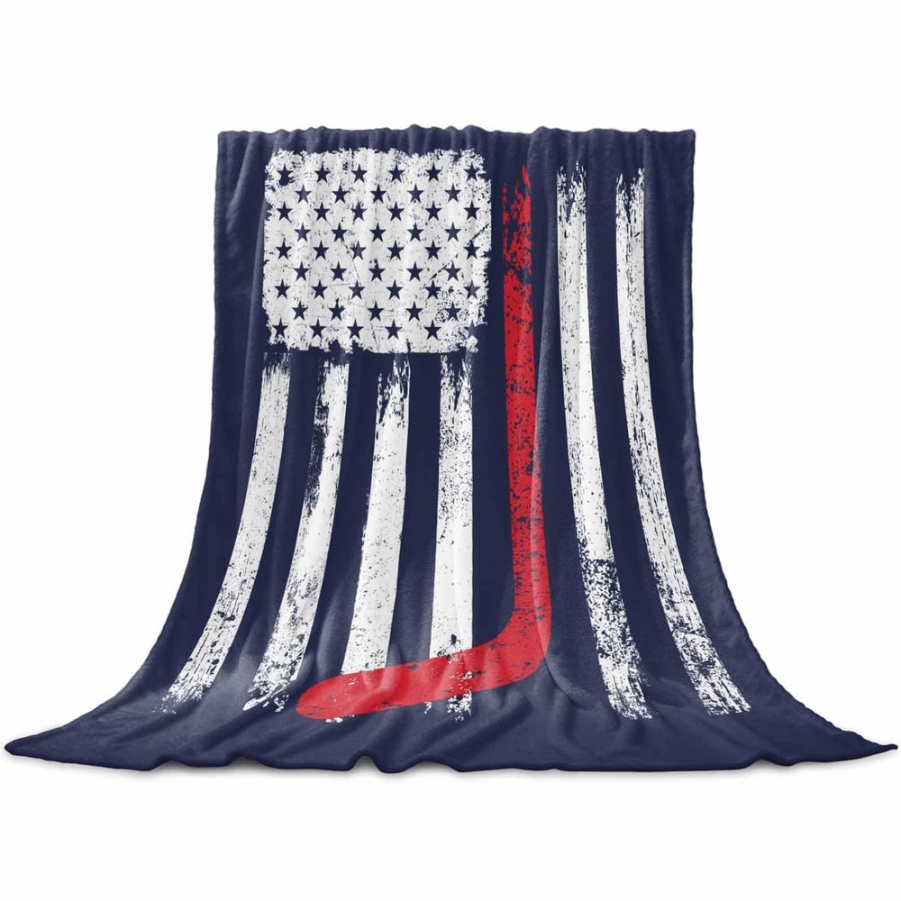 Edwiinsa American Flag with Red Hockey Stick Throw Blankets 50'' x 60'', Blue Backdrop Pattern - Lightweight Super Soft Microfiber Blankets All Seasons for Couch/Sofa/Gift