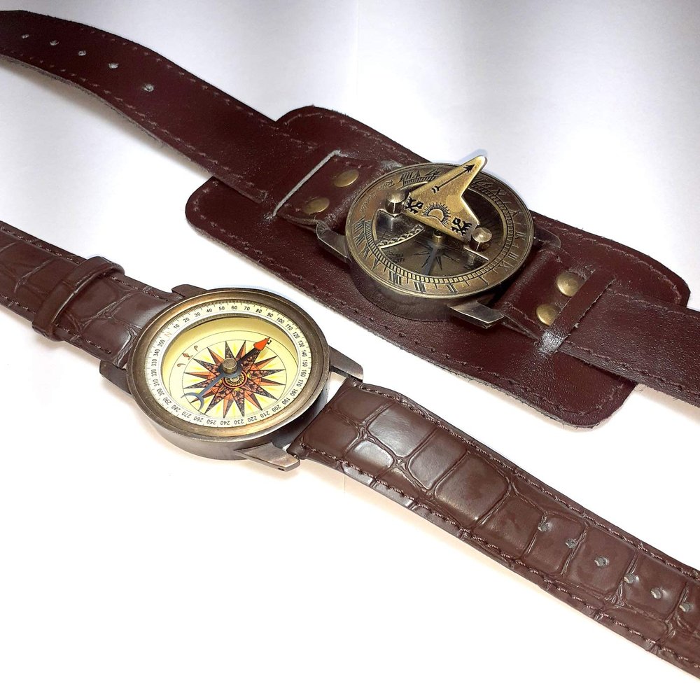 2 pic Steampunk Wrist Brass Compass & Sundial-Watch with Leather Strap Sundial