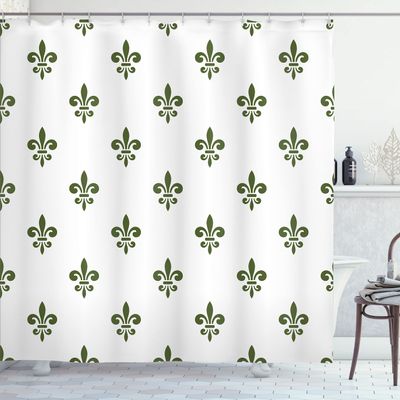 Ambesonne Fleur De Lis Shower Curtain, Royal Petal Floral Lily in Simple Old Style Ornate Antiquity Abstract, Cloth Fabric Bathroom Decor Set with Hooks, 69" W x 75" L, Olive Green