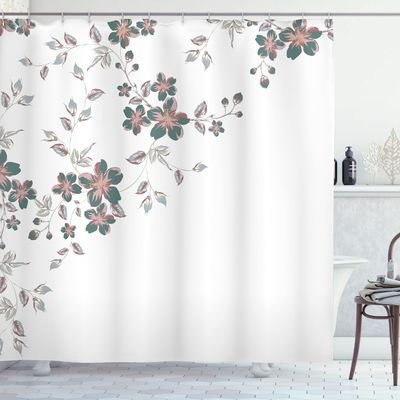 Ambesonne Asian Shower Curtain, Japanese Sakura Cherry Tree Branches Fresh Serene Spring Nature, Cloth Fabric Bathroom Decor Set with Hooks, 69" W x 75" L, Pale Grey
