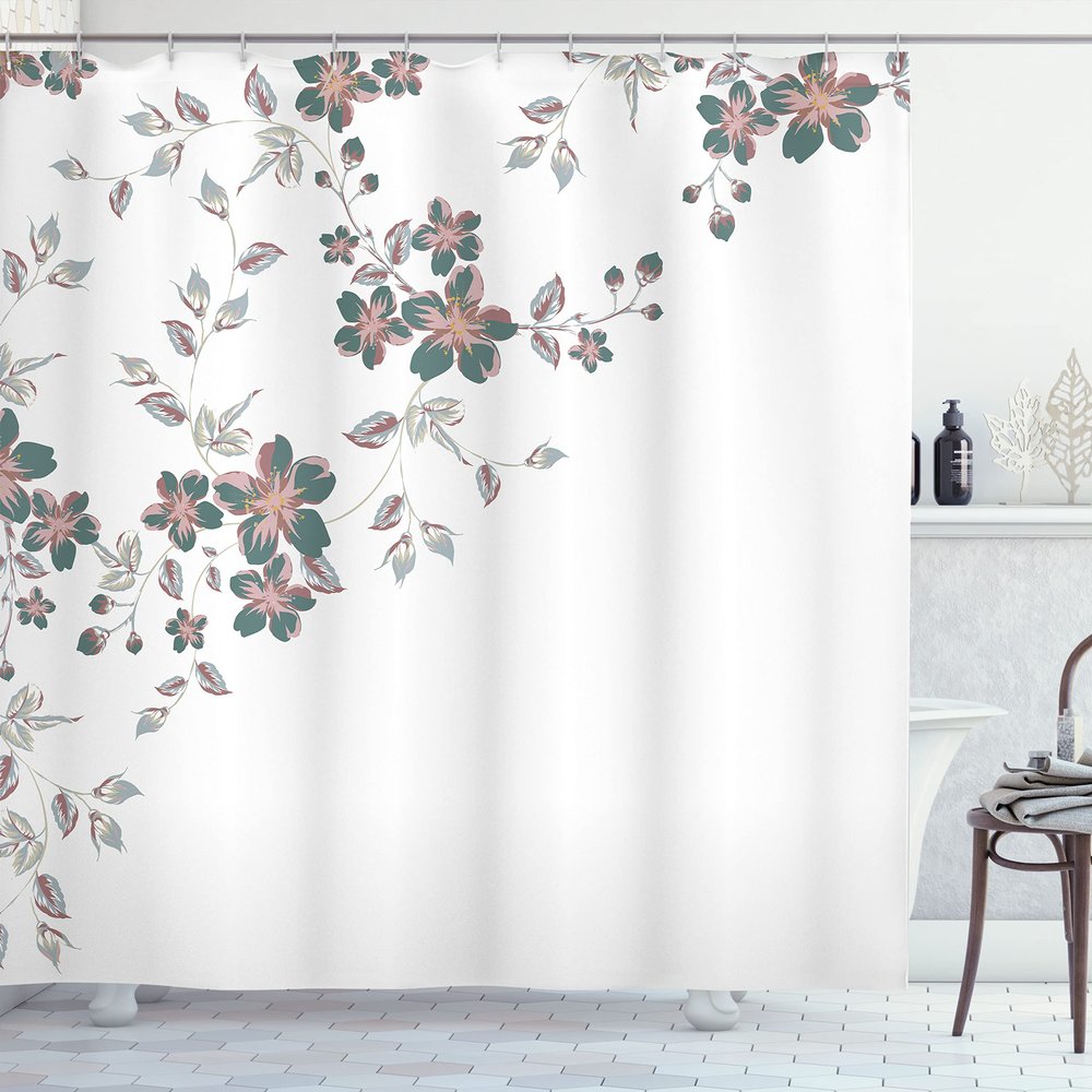 Ambesonne Asian Shower Curtain, Japanese Sakura Cherry Tree Branches Fresh Serene Spring Nature, Cloth Fabric Bathroom Decor Set with Hooks, 69" W x 75" L, Pale Grey