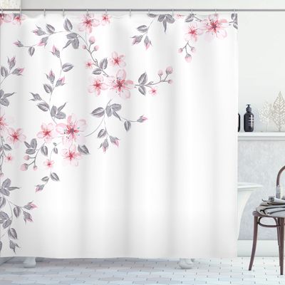 Ambesonne Asian Shower Curtain, Japanese Sakura Cherry Tree Branches Fresh Serene Spring Nature, Cloth Fabric Bathroom Decor Set with Hooks, 69" W x 84" L, Peach White