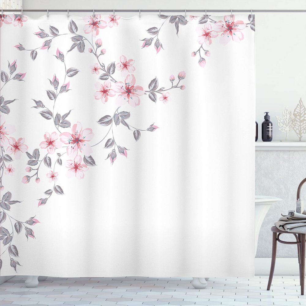 Ambesonne Asian Shower Curtain, Japanese Sakura Cherry Tree Branches Fresh Serene Spring Nature, Cloth Fabric Bathroom Decor Set with Hooks, 69" W x 84" L, Peach White