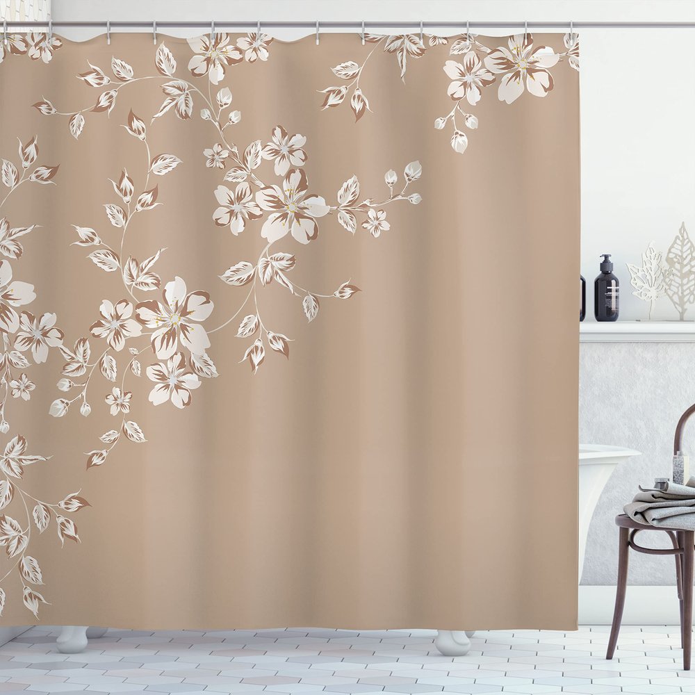 Ambesonne Asian Shower Curtain, Japanese Sakura Cherry Tree Branches Fresh Serene Spring Nature, Cloth Fabric Bathroom Decor Set with Hooks, 69" W x 75" L, Ecru Eggshell