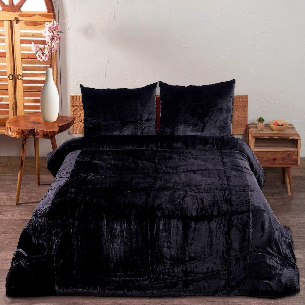 The Harry Creations 3 Pcs Set Solid Pattern Velvet Bedding Ultra Donna Crushed Luxury Boho Duvet Cover (Black, Full 80" x 90")