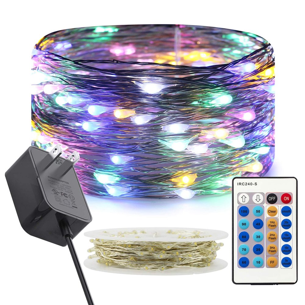 RUICHEN Dimmable Fairy String Lights Plug in 33 Ft 100 LED Silver Wire Firefly Lights with Remote, Multicolor