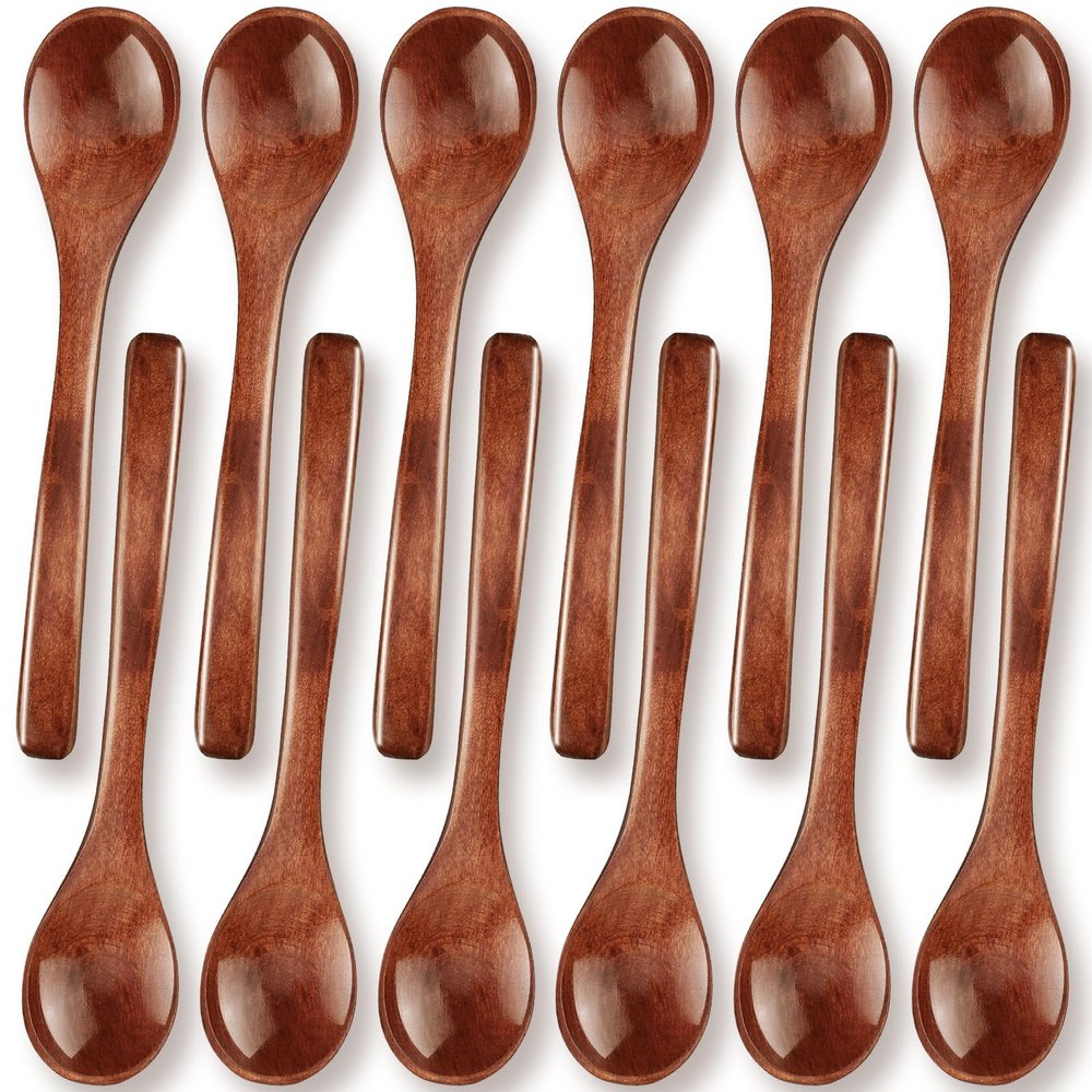 Patelai 12 Pcs 5 Inch Small Wooden Spoons for Honey Mini Little Wood Tea Spoons for Tasting Eating Serving for Cooking, Desserts, Coffee, Jars(Brown)