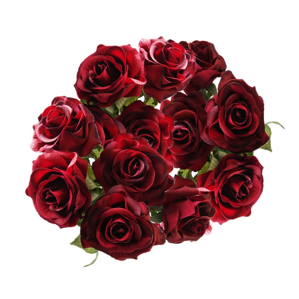 12pcs Artificial Silk Flowers Fake Rose Bouquet Wedding Party Home Decor (Burgundy)
