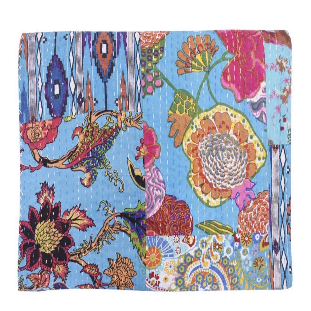 Sophia-Art Indian King/Twin Size Bohemian Traditional Bedding Kantha Mix Patchwork Kantha Rallies Ethnic Reversible Blanket Bedspread Handmade Kantha Quilt (Turquoise Patch, 108 * 108 Inches)