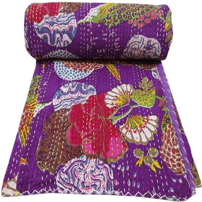 Bhagyashri Fashions Indian Handmade Cotton Purple Fruits Print Kantha Quilt Queen Tribal Bed Cover Reversible Bedspread Blanket Picnic Throw Floral Coverlet 108x90 Inches