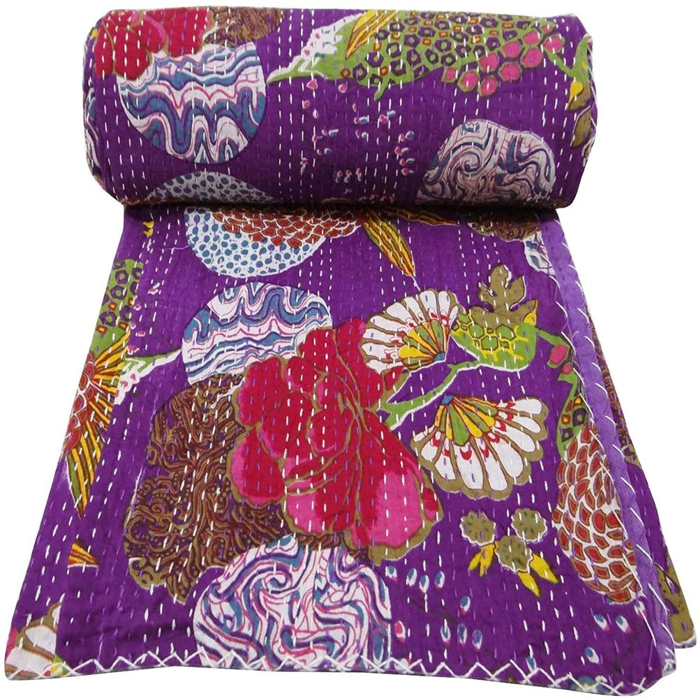 Bhagyashri Fashions Indian Handmade Cotton Purple Fruits Print Kantha Quilt Queen Tribal Bed Cover Reversible Bedspread Blanket Picnic Throw Floral Coverlet 108x90 Inches