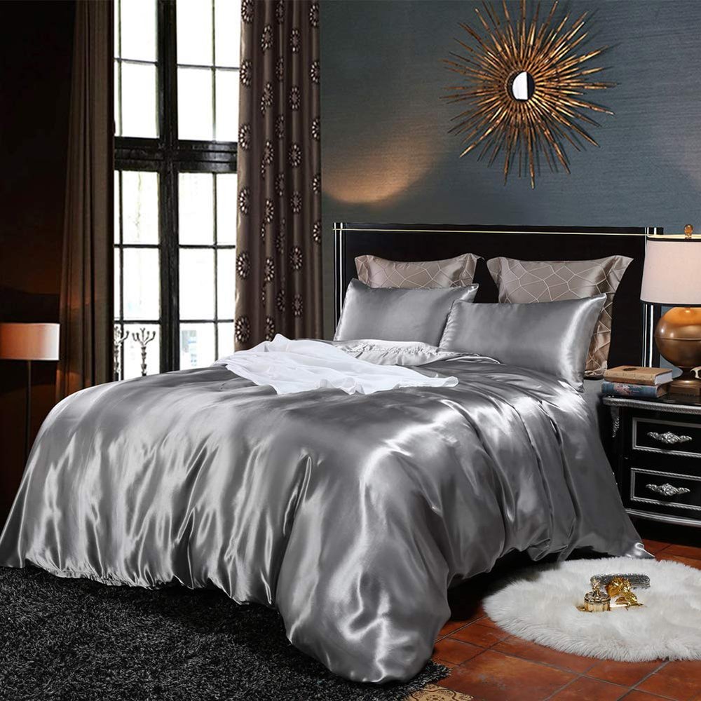 Rico Bedding Silk Satin 3 Pcs Duvet Cover Set Modish Looking , Solid Colored 1 Duvet Cover , 2 Pillowcases | Silver Grey| King/Cal-King
