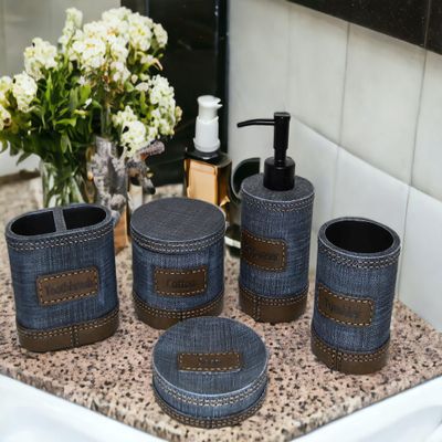 5 Piece Bathroom Accessory Set | Blue Denim Design