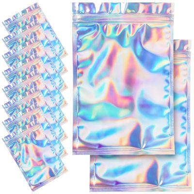 100 Pieces Resealable Smell Proof Bags - Foil Pouch Bags Flat Clear Food Storage Bags Plastic Packaging Foil Mylar Bags for Party Favor Food Storage (Holographic Color, 8x10 Inch)