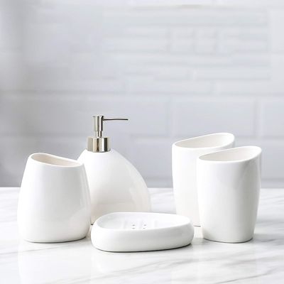 BLBYHO White Ceramic Bathroom Accessory Set, Bathroom Vanity Countertop Set, Bathroom Soap Dispenser and Toothbrush Holder Set Complete, 2 Tumbler Cup, Soap Dish, 5 Pieces