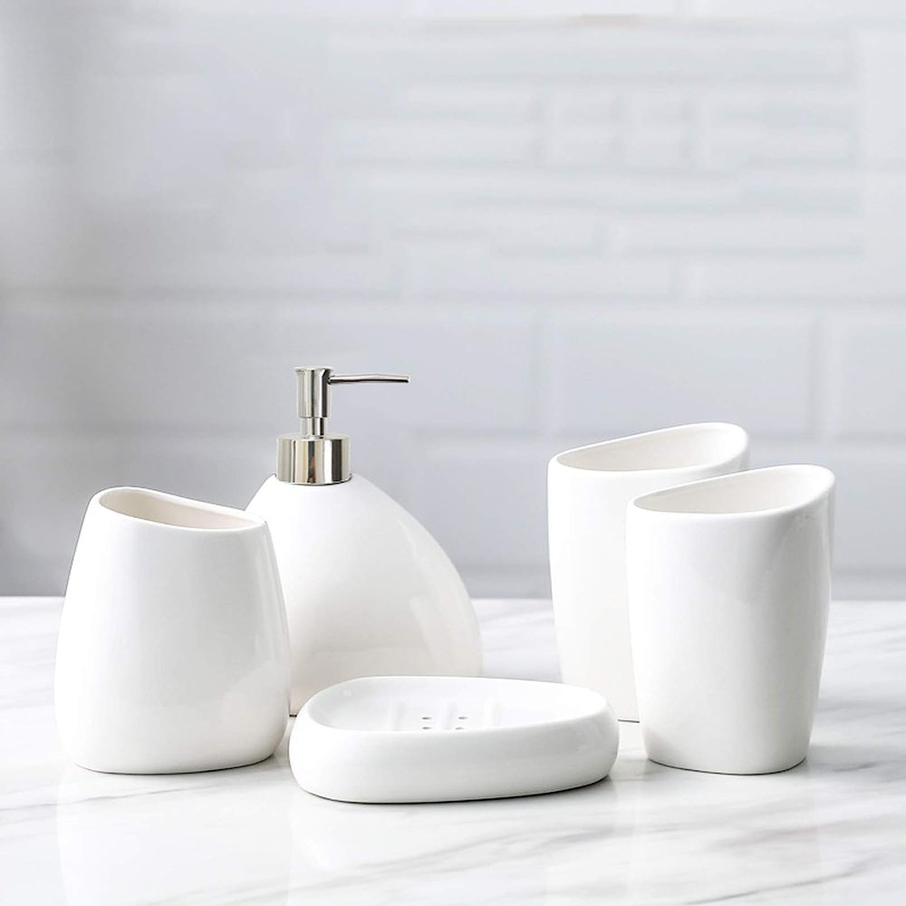 BLBYHO White Ceramic Bathroom Accessory Set, Bathroom Vanity Countertop Set, Bathroom Soap Dispenser and Toothbrush Holder Set Complete, 2 Tumbler Cup, Soap Dish, 5 Pieces