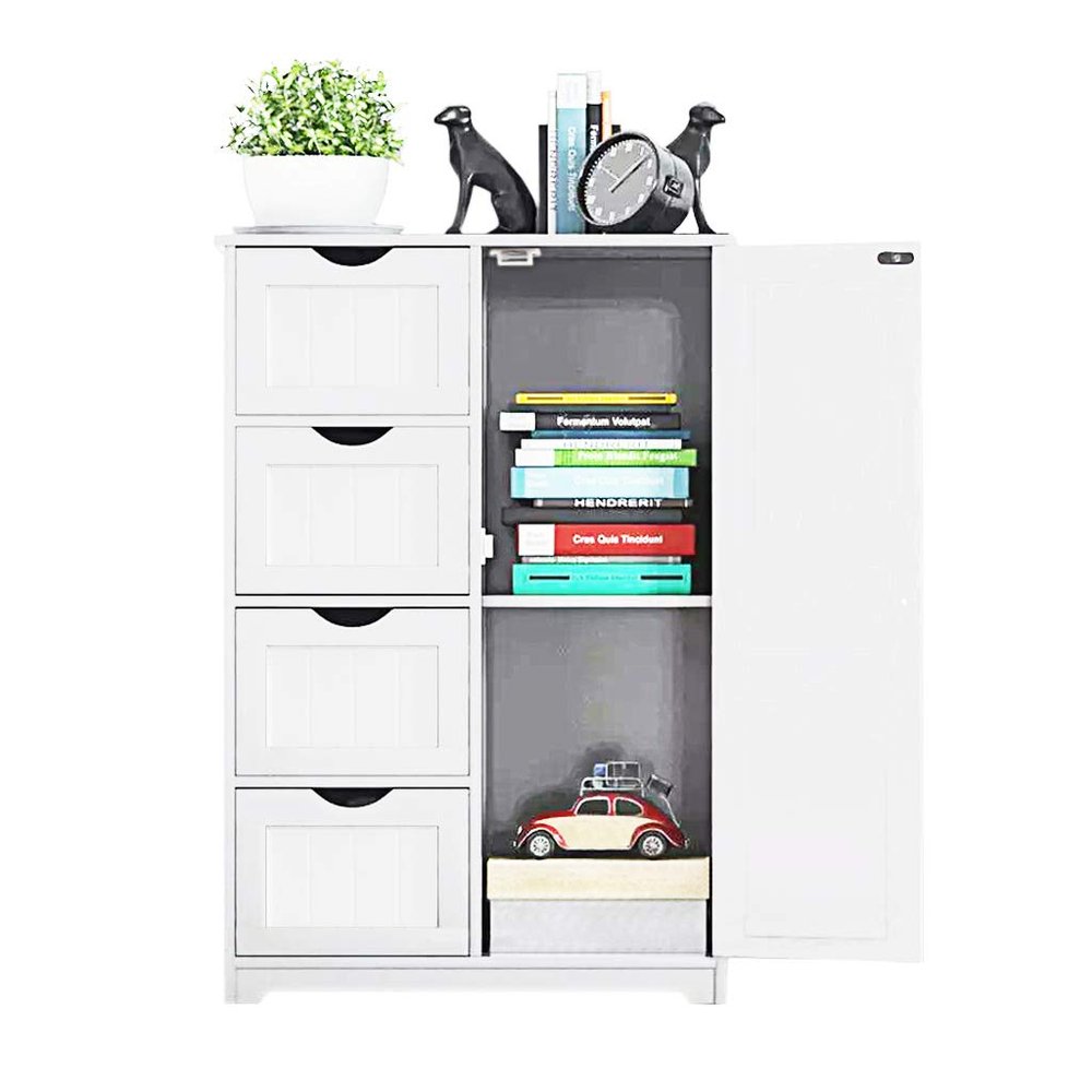 MHKanS Floor Cabinet with 4 Drawers & 1 Door Wooden Storage Organizer Cabinet for Bathroom Entryway Living Room, White