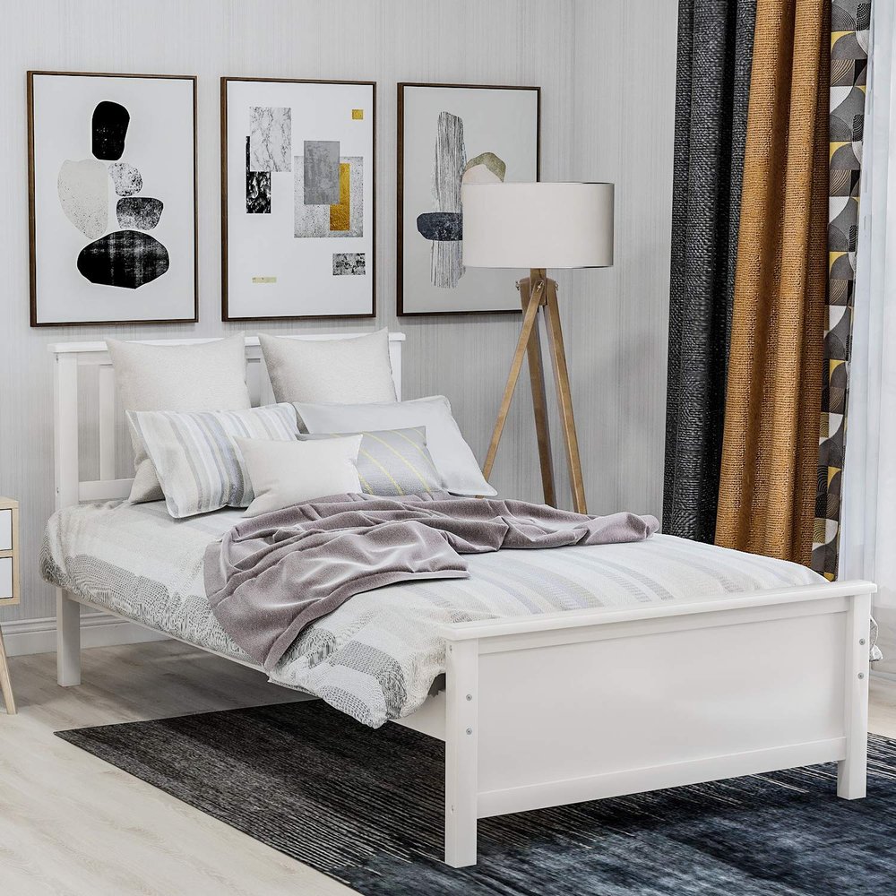 Twin Platform Bed,Wood Bed Frame with Headboard and Footboard Mattress Foundation Single Bed Platform for Boys, Girls, Kids, Young Teens and Adults,White