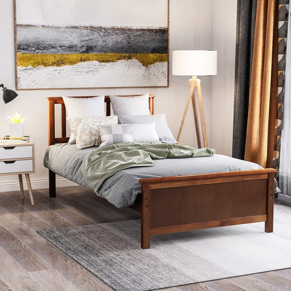 Twin Platform Bed,Wood Bed Frame with Headboard and Footboard Mattress Foundation Single Bed Platform for Boys, Girls, Kids, Young Teens and Adults,Walnut