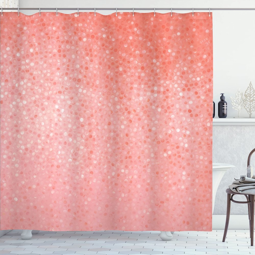Ambesonne Geometric Shower Curtain, Small Dot Tiles Shape Simple Classical Creative Design, Cloth Fabric Bathroom Decor Set with Hooks, 69" W x 70" L, Coral White