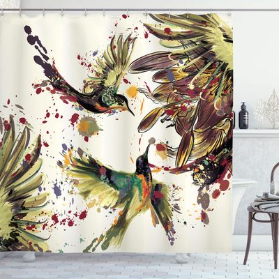 Ambesonne Hummingbird Shower Curtain, Art Lily Flowers Birds and Color Splashes in Watercolor Painting Style, Cloth Fabric Bathroom Decor Set with Hooks, 69" W x 70" L, Soft Green