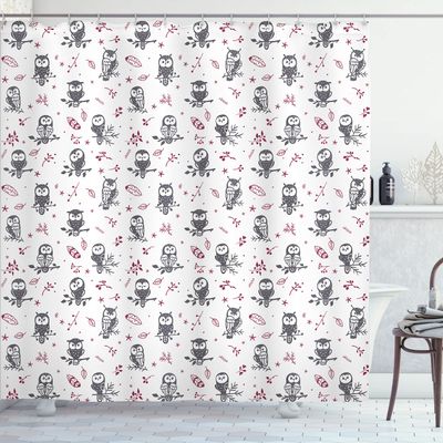 Ambesonne Owl Shower Curtain, Cartoon Style Illustration of Birds on The Branches Mysterious Woods Print, Cloth Fabric Bathroom Decor Set with Hooks, 69" W x 84" L, Maroon Grey