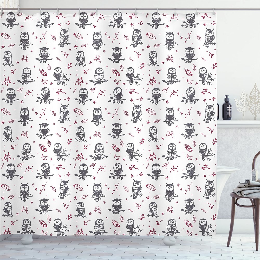 Ambesonne Owl Shower Curtain, Cartoon Style Illustration of Birds on The Branches Mysterious Woods Print, Cloth Fabric Bathroom Decor Set with Hooks, 69" W x 84" L, Maroon Grey