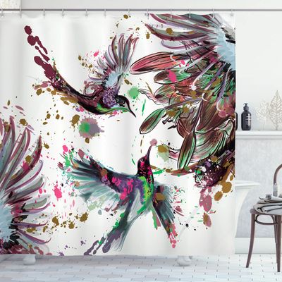 Ambesonne Hummingbird Shower Curtain, Art Lily Flowers Birds and Color Splashes in Watercolor Painting Style, Cloth Fabric Bathroom Decor Set with Hooks, 69" W x 70" L, Shamrock Green