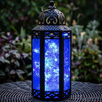 10.5 Cobalt Blue Glass Metal Moroccan Decorative Candle Lantern with LED Twinkle Fairy Lights & Remote Table Centerpieces, Indoor Home Decor, Outdoor Patio & Porch, Medium