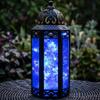 10.5 Cobalt Blue Glass Metal Moroccan Decorative Candle Lantern with LED Twinkle Fairy Lights & Remote Table Centerpieces, Indoor Home Decor, Outdoor Patio & Porch, Medium view 1