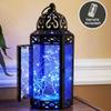 10.5 Cobalt Blue Glass Metal Moroccan Decorative Candle Lantern with LED Twinkle Fairy Lights & Remote Table Centerpieces, Indoor Home Decor, Outdoor Patio & Porch, Medium view 3