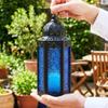 10.5 Cobalt Blue Glass Metal Moroccan Decorative Candle Lantern with LED Twinkle Fairy Lights & Remote Table Centerpieces, Indoor Home Decor, Outdoor Patio & Porch, Medium view 4