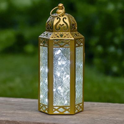 10.5 Gold Metal Moroccan Decorative Candle Lantern with White LED Twinkle Fairy Lights & Remote Wedding Table Centerpieces, Ramadan, Indoor Home Decor, Outdoor Patio & Porch, Medium