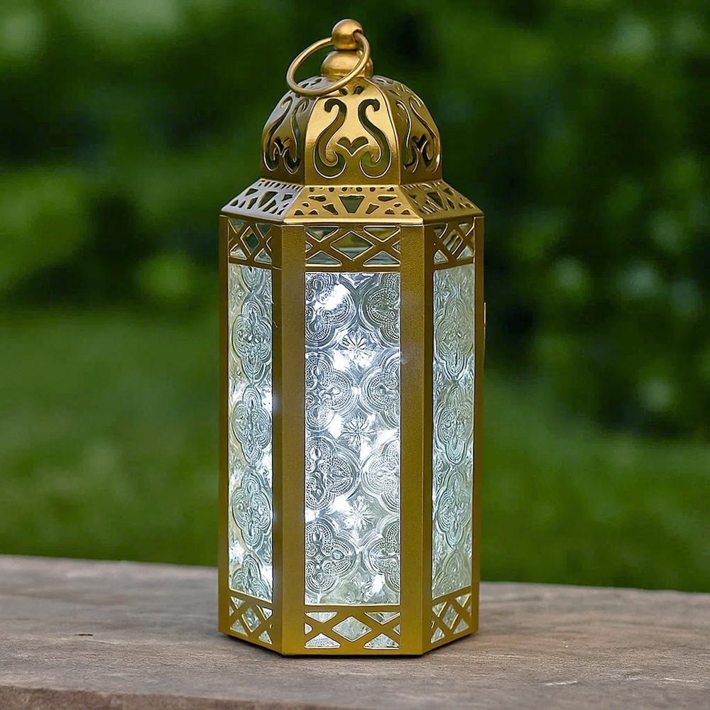 10.5 Gold Metal Moroccan Decorative Candle Lantern with White LED Twinkle Fairy Lights & Remote Wedding Table Centerpieces, Ramadan, Indoor Home Decor, Outdoor Patio & Porch, Medium