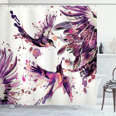 Ambesonne Hummingbird Shower Curtain, Art Lily Flowers Birds and Color Splashes in Watercolor Painting Style, Cloth Fabric Bathroom Decor Set with Hooks, 69" W x 84" L, Pale Fuchsia