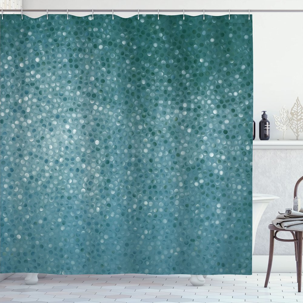 Ambesonne Geometric Shower Curtain, Small Dot Tiles Shape Simple Classical Creative Design, Cloth Fabric Bathroom Decor Set with Hooks, 69" W x 70" L, Teal White